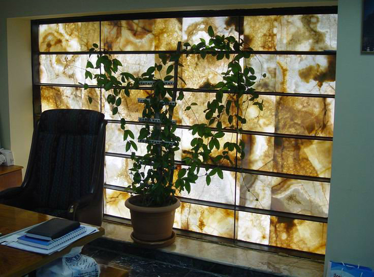 Brown and white onyx backlit office display